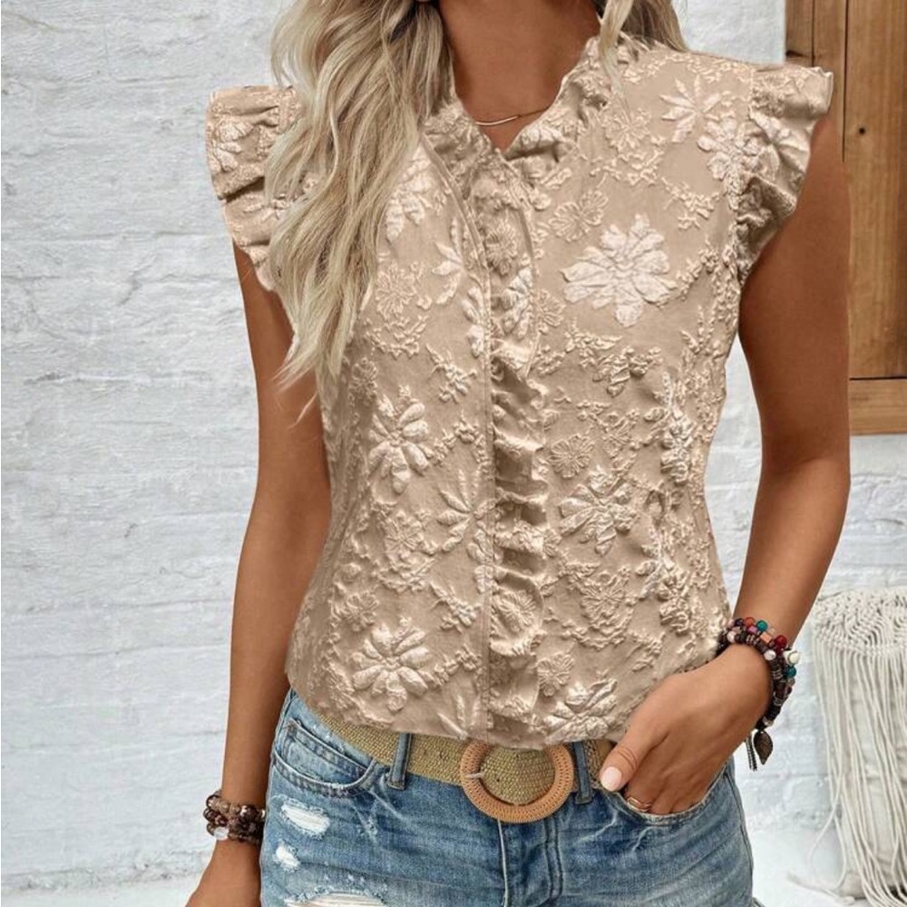 Women's Beige Floral Lace Cap-Sleeve Top